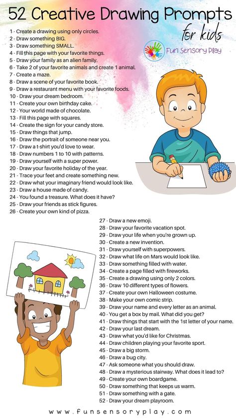 Creative drawing prompts for kids How To Imagine Things, Fun Drawing Prompts, Funny Art Prompts, Drawing Ideas For Classroom, Kindergarten Drawing Prompts, Kids Drawing Challenge, Drawing Club Ideas, Drawing Prompts For Kids Free Printable, Sketchbook Prompts For Kids