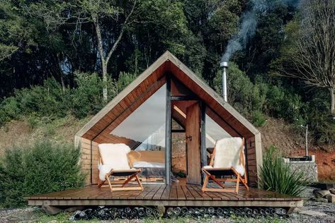 Micro Cabin, Wood Burning Heaters, Glamping Cabin, Glamping Ideas, Facade Cladding, Wood Roof, A Frame Cabin, Tiny Cabin, A Frame House