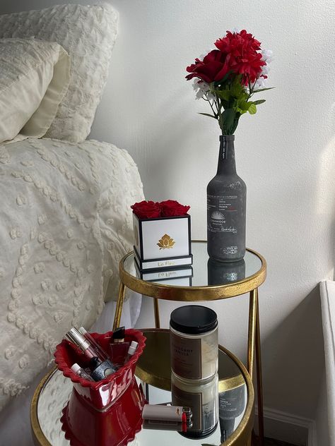 nightstand bedroom decor aesthetic red black gold white mirror roses vase hearts dish perfume lipgloss candle flowers bedroom ideas Red Black Gold Bedroom Ideas, Red Black And Gold Bedroom, Red And Gold Room Aesthetic, Red Black And Gold Bedroom Ideas Room Decor, Red Room Asthetics, Red Accent Bedroom Ideas, Red White And Black Bedroom Ideas, White Red Room Aesthetic, Red Bedroom Ideas For Women