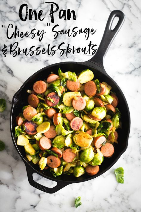 One Pan Cheesy Sausage and Brussels Sprouts - All the King's Morsels One Pan Sausage, Pan Sausage And Veggies, Sausage And Veggies, One Pan Recipe, Pork Sausage Recipes, One Pan Recipes, Smoked Sausage Recipes, Polish Sausage, Food Healthy Recipes