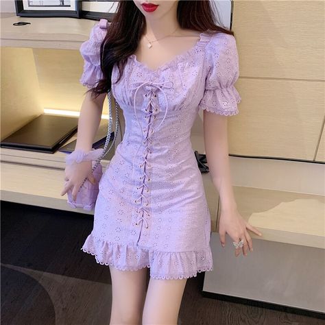 C French Retro, Purple Outfits, Korean Girl Fashion, Ulzzang Fashion, Kpop Fashion Outfits, Embroidery Dress, Teenage Fashion Outfits, Kpop Fashion, Teen Fashion Outfits