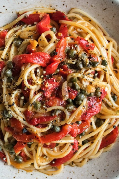 Meals With Red Peppers, Sausage Red Pepper Pasta, Recipe With Red Peppers, Capers Pasta Recipe, Tomato Pepper Pasta, Roasted Capsicum Pasta, Pasta Roasted Red Peppers, Roasted Capsicum Recipes, Caper Pasta Recipes