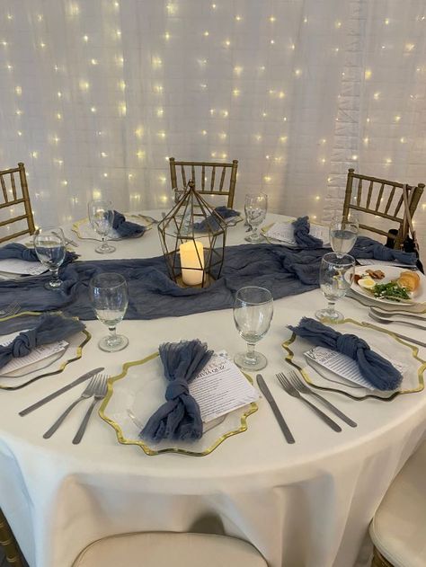 Dusty Blue Table Decor, Dusty Blue Cheesecloth Runner, Navy Blue Table Settings, Curtains Lights, Bnb Decor, Blue Table Decor, Cheesecloth Runner, Blue And White Table Setting, Gauze Napkins