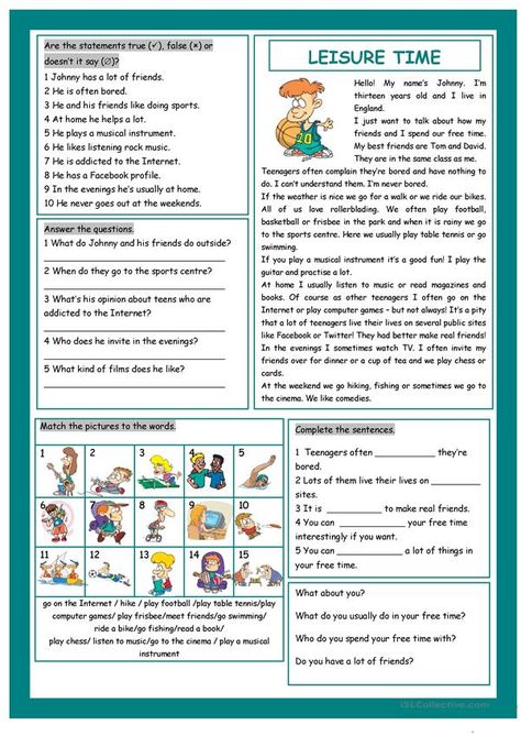 Third Grade Reading Worksheets, Free Time Activities, Middle School Activities, Simple Present Tense, Comprehension Exercises, Simple Present, Kindergarten Skills, English Worksheet, Time Worksheets