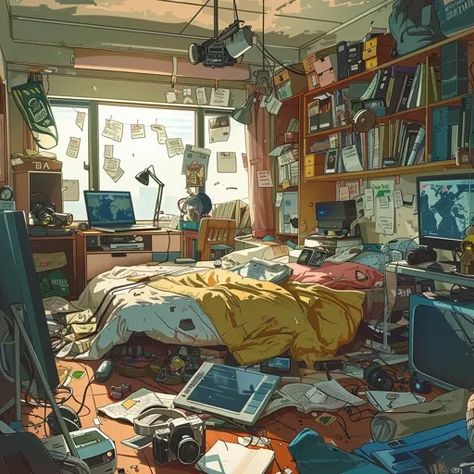 ↑↑↑ Larger size on website 🔸 The image depicts a messy bedroom with a large window, a bed with a yellow blanket, and a desk with  🔸 From Midjourney AI Image Messy Room Reference, Messy Room Art, Messy Room Drawing, Drawing A Room, Chaotic Bedroom, Garage Drawing, Cluttered Bedroom, Messy Bedroom, Aesthetic Playlist