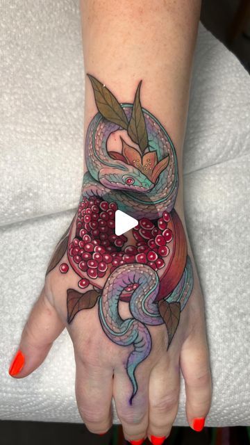 Guen Douglas on Instagram: "Way too fun hand snake and pomegranate from today! I LOVE tattooing little sneks, fruits and hands so it was a wonderful time all round! Lovely to see this lady again!  with my angels @magicmoon_tattoo_supply 🫶🏻✨❤️ needles for the win!   I would love to do more pieces like this in black and grey or in colour! What’s your fave fruit? I love apples so I have an Apple tattooed on my neck! ❤️🍎  I have a few dates left in June, booking July and taking a cancellation list.  Email me for bookings or inquiries 😊✨🫶🏻❤️ guentaikogallery@gmail.com   #handtattoosofinstagram #snaketattoo #foodtattoos #snakesofinstagram" Snake And Fruit Tattoo, Snake And Pomegranate Tattoo, Snake And Apple Tattoo, Tattoos Of Hands, Witchy Sleeve, Pomegranate Tattoo, Apple Tattoo, Food Tattoos, Poisonous Plants