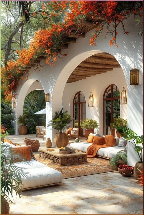 Spanish Style Covered Patio, Home Design Outdoor, Spanish House Backyard, Greek Patio Ideas, Family House Backyard, Spanish Outdoor Patio, Outdoor Spaces Ideas, Spanish Style Backyard, Summer House Ideas