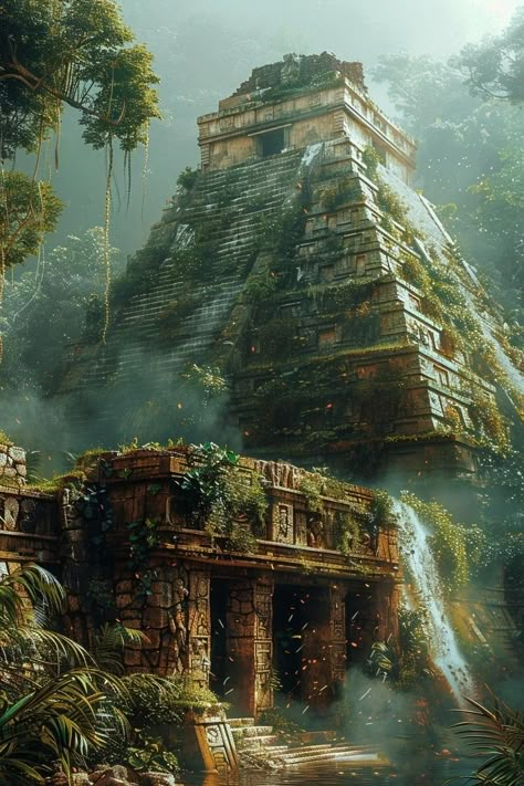 Aztec Temple Concept Art, 8 Wonders Of The World, Polynesian Fantasy Art, Jungle Civilization, Aztec Palace, Aztec Landscape, Inca Temple, Ancient Photography, Aztec Aesthetic