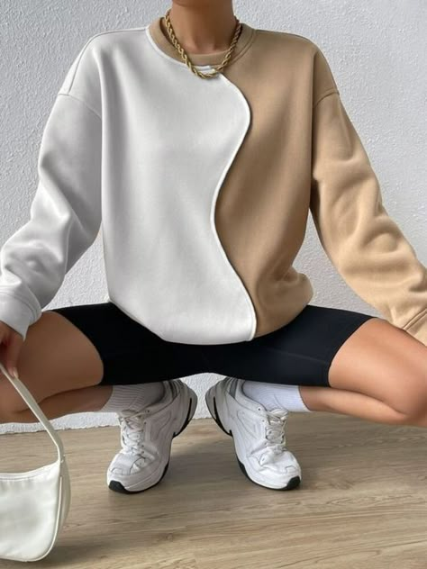 Sweatshirt Refashion, Drop Shoulder Sweatshirt, Mode Turban, Diy Sweatshirt, Mode Abaya, Dropped Shoulder Sweatshirt, Color Block Top, Winter Sweatshirt, Pullover Sweatshirts