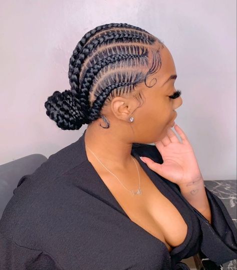 Cornrow Low Bun Black Women, Braided Back Bun Black Women, Conrow Ponytails Braids, Goddess Cornrows Buns, Six Stitch Braids, 4 Braids Cornrows, 6 Straight Back Feed In Braids, Feed In Braids Into Low Bun, Hairstyles Braids For Black Women