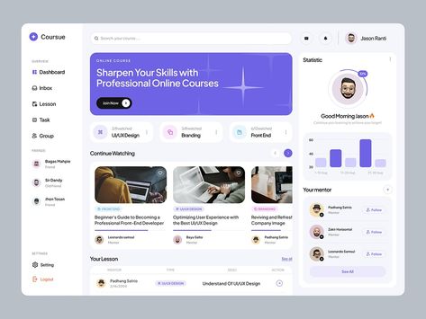 Coursue Learning Platform Dashboard by Fireart UI/UX for Fireart Studio on Dribbble Course Dashboard Ui Design, Ipad App Design Layout, Web Dashboard Design, Dashboard Ux Design, Learning Management System Ui Design, Learning Platform Design, Dashboard Ui Design Web Application, Website Dashboard Design, Ui Dashboard Design