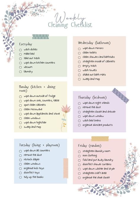 Weekly Cleaning Schedule Floral Theme Printable - Etsy #Guide #Cleaning #The #Creating #Ultimate #HomeTrends #Tidy #Creating #a #Home #Guide #Schedule #for #a #to #Cleaning #Home To Do List Home Cleaning, Cleaning Schedule Aesthetic, Ultimate Cleaning List, Cleaning Schedule For Bedroom, Everyday Cleaning Schedule, House Cleaning Schedule For Working Mom, Cleaning Schedule For Teens, Daily Cleaning Schedule Printable Free, Weekly Cleaning Schedule Printable Free