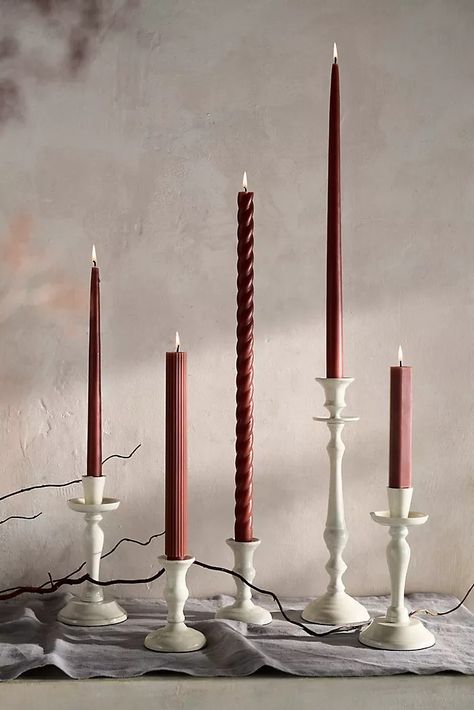 Pumpkin & Fall Décor | AnthroLiving Burgundy Taper Candles, Danica Candles, Cozy Christmas Party, Candlestick Wedding Decor, Taper Candle Centerpiece, Wedding Pantone, Tableware Photography, Candles Business, Colored Taper Candles