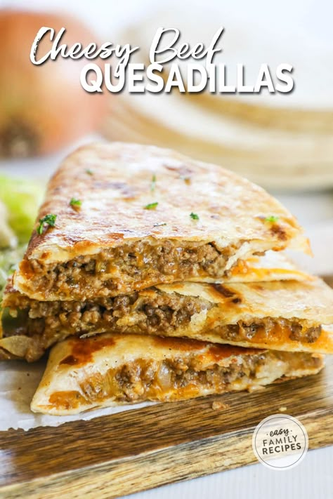 These Ground Beef Quesadillas are a simple and heart meal that the whole family will love! Juicy ground beef crumbles are seasoned to perfection, then layered with melty cheese in a perfectly golden, crisped tortilla. Enjoy as-is or customize with your favorite add-ins and toppings! Quesadilla Recipes Beef, Ground Beef Quesadillas, Asian Steak Bites, Beef Quesadillas, Creamy Pasta Bake, Bacon Guacamole, Instant Family, Dinner Party Dishes, Healthy Ground Beef