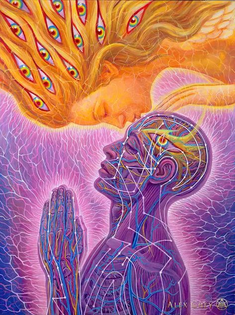 Alex Grey - Progress of the Soul - Imgur Alex Gray Art, Art Amour, Twin Flame Art, Art Hippie, Sensory Art, Alex Grey, Psychadelic Art, Flame Art, Energy Art