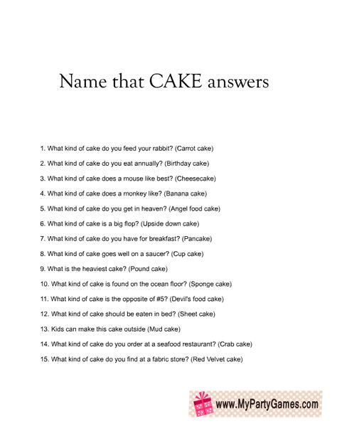 Name that Cake Bridal Shower Game Answer Sheet Name The Cake Game, Name That Cake Game Answers, Name That Cake Game, Name That Cake Bridal Shower Game, Housewarming Party Games, Cake Bridal Shower, Bridal Shower Games Prizes, Bridal Shower Games Funny, Play Quiz