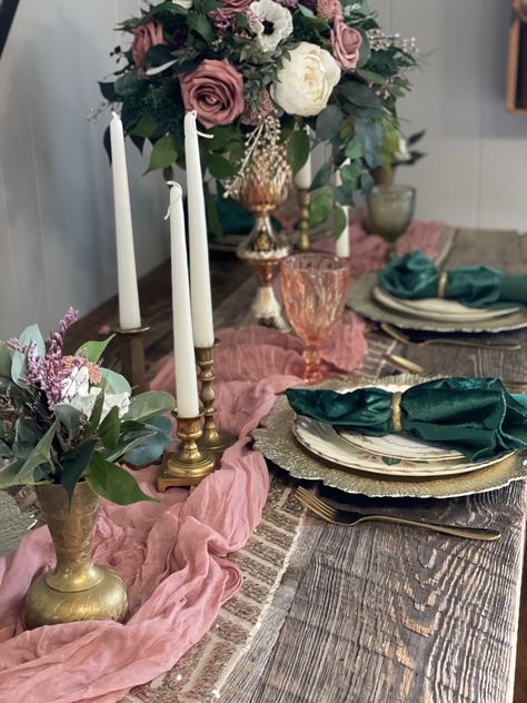 Dark Green Peach Wedding, Sage Green And Pink Color Scheme, Green Pink White Wedding Color Schemes, Forest Green Dusty Rose Wedding, Emerald Green And Pink Birthday Party Ideas, Army Green And Pink Wedding, Rose And Emerald Green Wedding, Rose Gold And Hunter Green Wedding, Emerald Peach Wedding