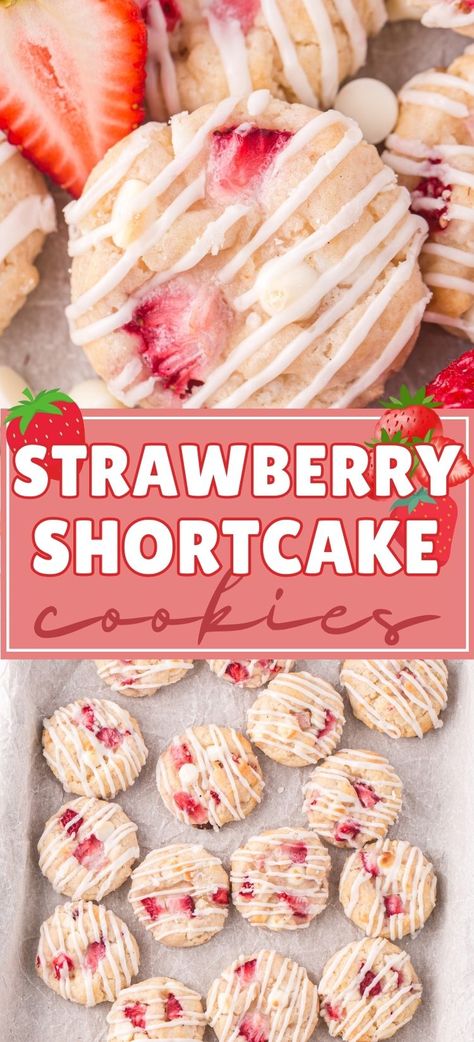 These Strawberry Shortcake Cookies are buttery, biscuit-like cookies packed with chunks of fresh strawberries and topped with a sweet glaze. reminiscent of the classic strawberry shortcake dessert, but in a cookie! Strawberry Shortcake Cookie Recipe, Strawberry Chip Cookies, Strawberry Shortcake Fluff, Strawberry Cookie Bars, Betty Crocker Cookie Recipes, Shortcake Cookies, Shortcake Cookies Recipe, Cookies Recipes Valentines Day, Sweet Biscuits For Strawberry Shortcake