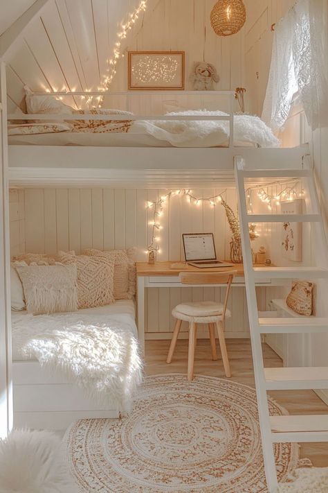 Room Ideas For Loft Beds, Teenager Bunk Bed Ideas, Cozy Reading Bedroom Aesthetic, Girl Bedroom Designs Aesthetic, Girls Boho Room Ideas, Cute Loft Room Ideas, Aesthetic Room Inspiration Cozy, Medium Sized Room Ideas, Room Ideas For Teens Girls Bedrooms