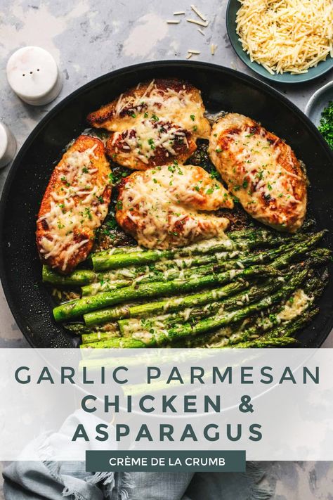 Juicy, lightly breaded Garlic Parmesan Chicken & Asparagus is cooked to perfection and covered in melty parmesan cheese -all in one skillet and in just 30 minutes! Chicken And Asparagus, Budget Food, Chicken Asparagus, One Skillet, Garlic Parmesan Chicken, Special Diet, Parmesan Chicken, Macro Meals, Chicken Dinners