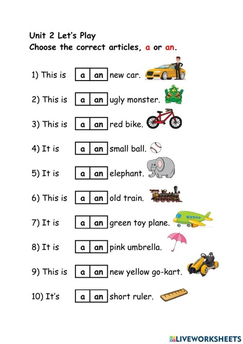 Articles a -an online worksheet for Year 1. You can do the exercises online or download the worksheet as pdf. A And An Worksheets For Kindergarten, A Or An Worksheet For Kindergarten, A An Exercise, A And An Articles Worksheet, Use Of A And An Worksheet For Kids, Articles Worksheet For Kindergarten, Article Worksheet For Grade 1, An And A Worksheet, A Or An Worksheet For Grade 1