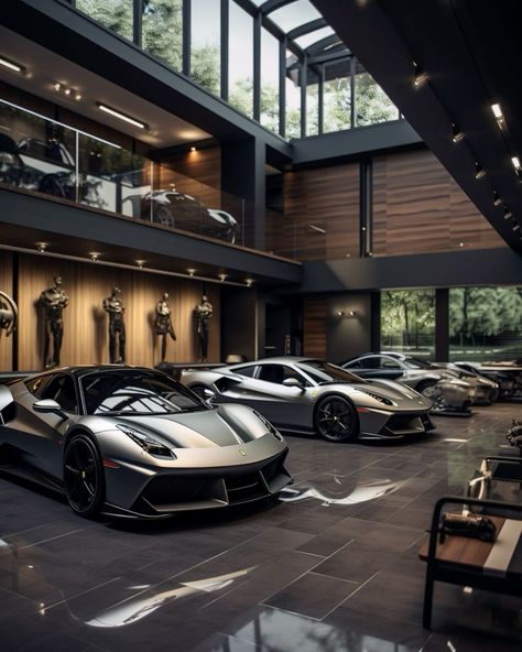 Modern Mansion Garage, Modern Car Garage Design, Luxury Car Garage Aesthetic, Huge Garage With Cars, Cars Garage Aesthetic, Luxury Car Garage Design Dream Houses, Garage Luxury Design, Luxury Garage Interior Design, Aesthetic Car Garage