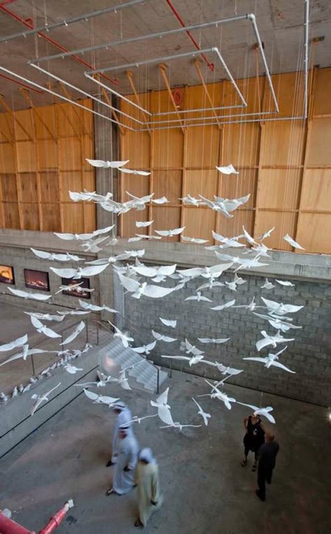 Suspended birds Bird Installation, Hanging Art Installation, Middle Eastern Artists, Suspended Art, Saudi Women, Middle Eastern Art, Bird Sculptures, Ceiling Art, Origami Bird