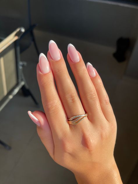 Pink White Tips Nails, Pink And White Nails Gel French Tips, White French Tip Aesthetic, Natural Almond Nails French, White On Pink French Tip, Elongated French Tip, Gel X French Tip Nails Almond, Senior Picture Nail Ideas, American Nails French