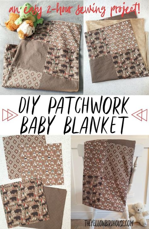 Sew a super cozy patchwork baby blanket in just 2 hours. Use 4 fat quarters and some minky fabric for this simple baby quilt tutorial. Learn how to sew this easy patchwork blanket with this free tutorial. This adorable baby quilt would be a great baby shower gift. Easy Patchwork, Patchwork Baby Blanket, Baby Quilt Tutorials, Fat Quarter Projects, Diy Baby Blanket, Easy Baby Blanket, Baby Patchwork Quilt, Diy Bebe, Patchwork Blanket