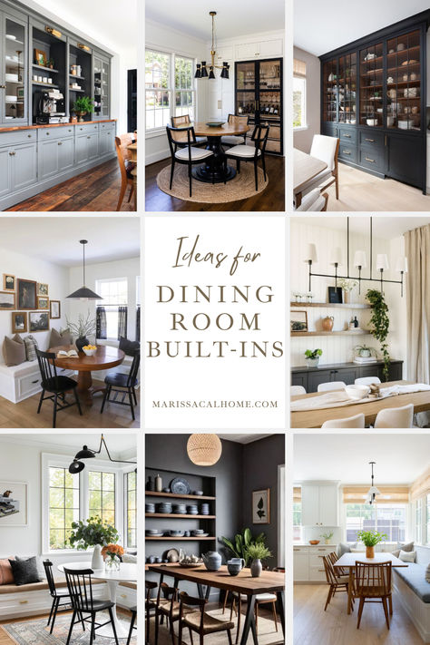 Let's break down all the types of dining room built-ins and if they're right for your space.  Besides adding beauty and storage, a benefit to dining room built-ins is getting rid of a big empty wall that is so common in builder-grade homes these days.  Extra cabinets and window seats in a dining room or breakfast nook are great, but won’t work for every space. How can you figure out if they’re right for your room? Dining Room With Built In Bookshelves, Four Season Dining Room, Dining Room Closet Ideas Built Ins, Cabinets In Breakfast Area, Dining Room Built In Styling, Square Dining Room Design, Built In Cabinetry Dining Room, Dining Room Built Ins With Floating Shelves, Built In Storage Wall Dining Room