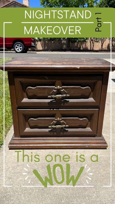 Major makeover for these old and outdated nightstands. These are solid wood and the inside is in perfect shape, but they need a serious makeover. Well, I’ve got that part covered! I recently refinished a small dresser with a single nightstand in solstice green. The buyer wanted two nightstands so we separated the set and I am making these two nightstands to match the green dresser.#extrememakeover #nightstandmakeover #furniturerefinishing #refinishedfurniture #upcycle #upcyclethathome #furniture Night Stands Refurbished, How To Refinish Nightstand, Diy Vintage Nightstand, Mission Furniture Makeover, Refinish Bedroom Furniture, Refurbished Night Stand Ideas, Small Dresser Makeover, Painted Side Table Ideas, Refurbished Night Stand