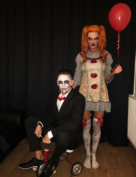 Scary Costume Ideas For Couples, Costume Ideas For Couples Scary, Scary Halloween Costume Ideas For Couple, Couples Clown Halloween Costumes, Saw Costume Couple, Halloween Couples Costumes Scary, Halloween Costume Couple Scary, Couples Halloween Outfits Scary, Creepy Halloween Couple Costumes