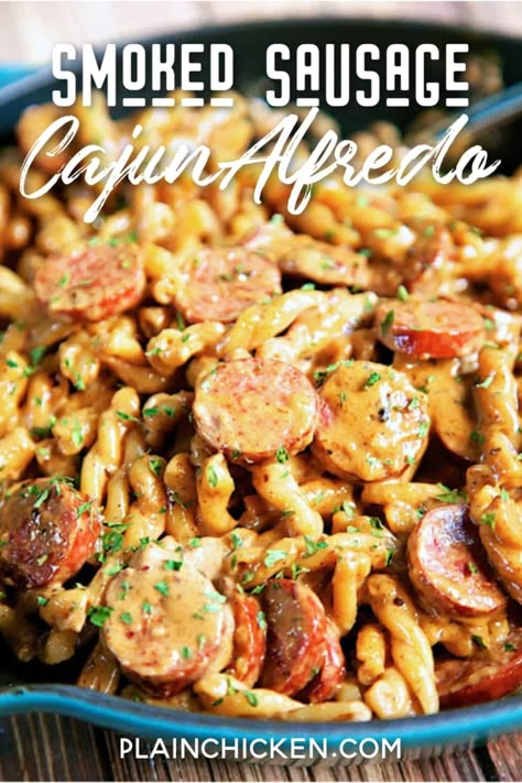 Dinner Recipes With Smoked Sausage, Smoked Sausage Cajun Alfredo, Recipes With Smoked Sausage, Cajun Alfredo Recipe, Alfredo With Sausage, Cajun Alfredo, Cajun Sausage Pasta, Smoked Sausage Pasta, Alfredo Recipes