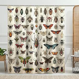 Vintage Bug Pattern Shower Curtain with Hooks Butterfly Moth Nature Classic Retro Biology Beige Polyester Bathroom Accessories Waterproof Home stall Hotel Bathtub Decorative Shower Curtain 62x72inch Eccentric Shower Curtain, Woodland Themed Bathroom, Bug Themed Bathroom, Earthy Shower Curtain, Cottagecore Shower Curtain, Vintage Shower Curtain Ideas, Art Deco Shower Curtain, Green And Gold Bathroom Decor, Dopamine Bathroom