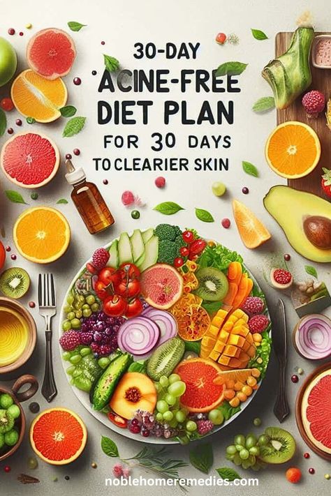 A 30-day acne-free diet plan to achieve clearer, healthier skin. Discover skin-loving foods and a holistic approach to skincare for a radiant complexion. Healthy Acne Free Diet, Foods To Eat For Good Skin, Low Glycemic Diet For Acne, Healthy Skin Diet Acne, Diet For Pimple Free Skin, Foods To Avoid For Acne Clear Skin, Good Healthy Foods Aesthetic, Acne Diet Meal Plan, Meals For Glowing Skin