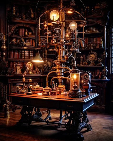 Tour through a Victorian Steampunk Mansion 🏠💡⚙️✨️ Victorian Science Lab, Steampunk Science Lab, Steampunk Academia Aesthetic, Steampunk Aesthetic Room, Steampunk Inventor Aesthetic, Steampunk Bookshelf, Steampunk Aesthetic Dark, Victorian Laboratory, Steampunk School