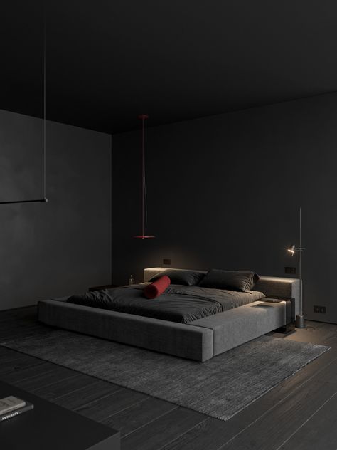 Black Villa on Behance Idea Bilik Tidur, Reka Bentuk Bilik Tidur, Couple Bed, Black Bedroom Design, Hiasan Bilik Tidur, Interior Design Per La Casa, King Size Bed Frame, Queen Size Bed Frames, Black Bedroom