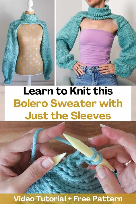 Learn how to knit this bolero sweater with just the sleeves by watching this video tutorial. This garment is super modern and pretty. The creator of this video teaches step by step how to do it so that the result of your knitting looks incredible!The creator used some interesting techniques in this design to make it even and adjustable, so this tutorial is perfect and a lot of fun to learn how to knit, even if shrugging isn't your thing. Bolero Pattern Knitted, Bolero Sweater Pattern, Diy Super Cropped Sweater, Just Sleeves Top, How To Knit A Shrug, Knit Bolero Pattern Free, Bodyless Sweater, Knit Bolero Pattern, Bolero Diy