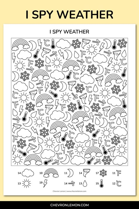 Free printable I spy weather Weather Word Search Free Printable, Weather Worksheets For Kindergarten Free Printable, Weather Crafts Preschool Free Printables, Cloud Activities For Kids, Free Weather Printables Preschool, Weather Coloring Pages Free Printable, Weather Games For Kids, Kindergarten Weather Activities, Weather Activities Preschool Printables Free