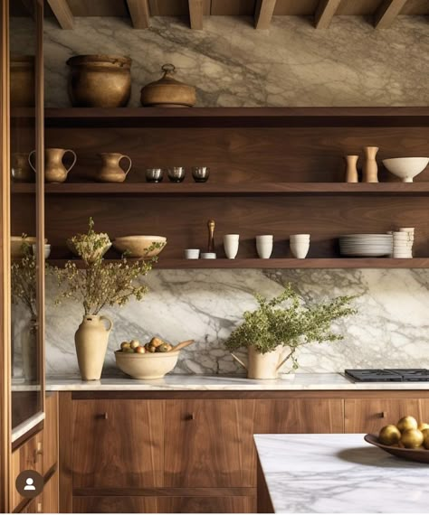 Mixed Wood Kitchen, Earth Tone Kitchen Ideas, Earth Tone Kitchen, Earth Tones Kitchen, Contemporary Kitchen Inspiration, Brown Kitchen Cabinets, Walnut Kitchen, Open Kitchen Shelves, Brown Kitchens