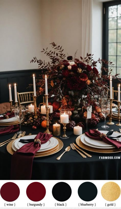 Red Black Champagne Wedding, Burgundy October Wedding, Burgundy And Purple Wedding Table Settings, Dark Color Theme Wedding, Maroon Burgundy Wedding, Black And Burgundy Wedding Table, Black Burgundy Ivory And Gold Wedding, Black Gold Red Green Wedding, Burgundy Moody Wedding