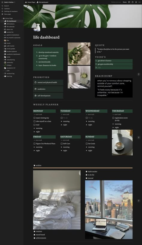 my life dashboard 🤍 Project 50 Notion Template, Notion Template Ideas Dark Mode, Notion Template Dark Mode, Notion Template Ideas Work, Wesley Anna Notion, Notion Asthetic Ideas, Mac Book Wallpaper Quotes, Notion Home Page Ideas, Gym Notion