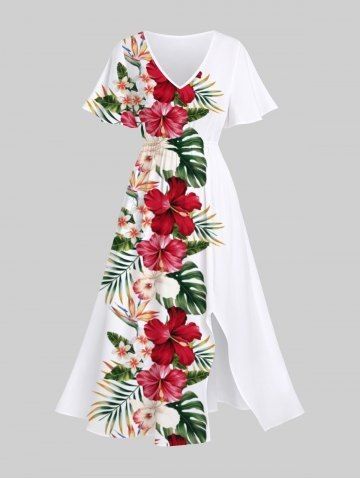 Discover elegance with our Tropical Leaf Hibiscus Flower Print Split Hawaii Midi Dress in White. Perfect for beach days or summer outings, this dress features a stunning tropical print and a stylish split design for a chic look. Lightweight and breathable fabric ensures comfort and a flattering fit. Ideal for any tropical getaway or casual occasion. Island Dresses Pacific, Islander Dresses, Pacific Island Dress Patterns, Tropical Dress Outfit, Tropical Outfit Ideas, Hawaiian Dress Pattern, Outfit For Couples, Samoan Dress, Hibiscus Flower Print