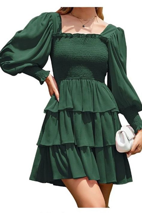 Women Square Neck Long Lantern Sleeve layer Versatile mini dress.Tie Back layer Party dress for women. Ruffle Dress Long Sleeve, Ruffle Dress Long, Emerald Dresses, Beach Mini Dress, Tiered Ruffle Dress, Dress Cake, Flirty Dresses, Ruffle Mini Dress, Mini Cocktail Dress