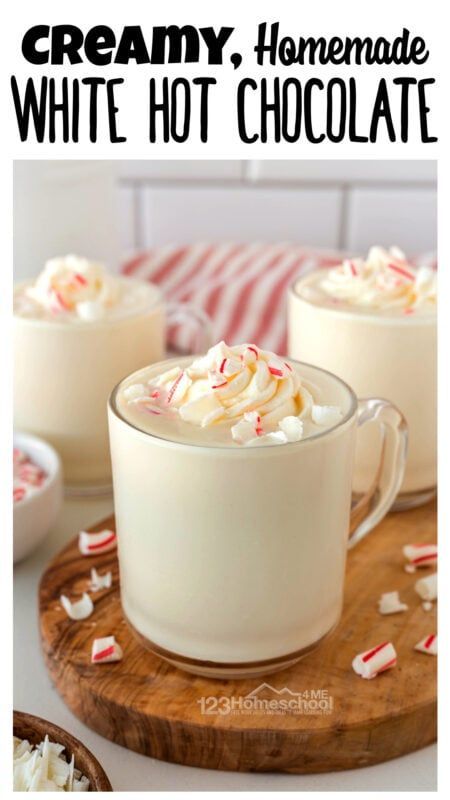 I love warming up to a cup of hot cocoa in the winter! But we’ve moved away from the store bought mixes that are filled with artifiical ingredients, chemicals, and preservatives. Instead we whip up a batch of this simple homemade white hot chocolate recipe. This is so easy to make with convenient chocolate chips! You will love that this creamy hot chocolate is all grown up with white cocoa and a touch of cinnamon. Wassail Recipe Easy, Homemade White Hot Chocolate, Nut Bars Recipe, Candy Cane Cookie Recipe, Peanut Butter Blossoms Recipe, White Hot Chocolate Recipe, Eggnog Recipe Homemade, Creamy Hot Chocolate, Hot Cocoa Mix Recipe