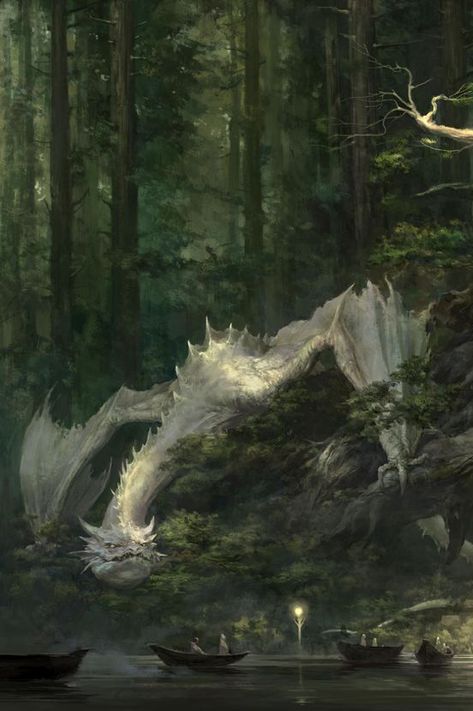 White Dragon - by Xiaodi A Dragon, Trees, Forest, Water, Art