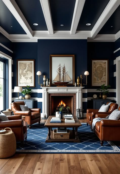 Coastal Living Room Classic Theme Living Room, Seaside Home Interiors, Navy Ship Aesthetic, Nautical Man Cave, Nortical Decor, Sea Themed Living Room, Dark Coastal Interior, Navy Media Room, Naval Living Room