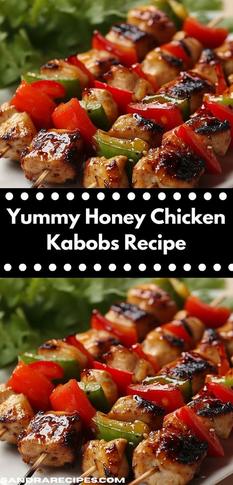 Yummy Honey Chicken Kabobs are a delicious way to enjoy grilled chicken. Marinated in a sweet and tangy honey mixture, these skewers make for a satisfying meal any time of year. Honey Chicken Kabobs, Tasty Chicken Recipes, Craving Tasty, Chicken Kabob Recipes, Chicken Casserole Recipes, Chicken Dinner Ideas, Chicken Recipes Healthy, Kabob Recipes, Honey Sauce