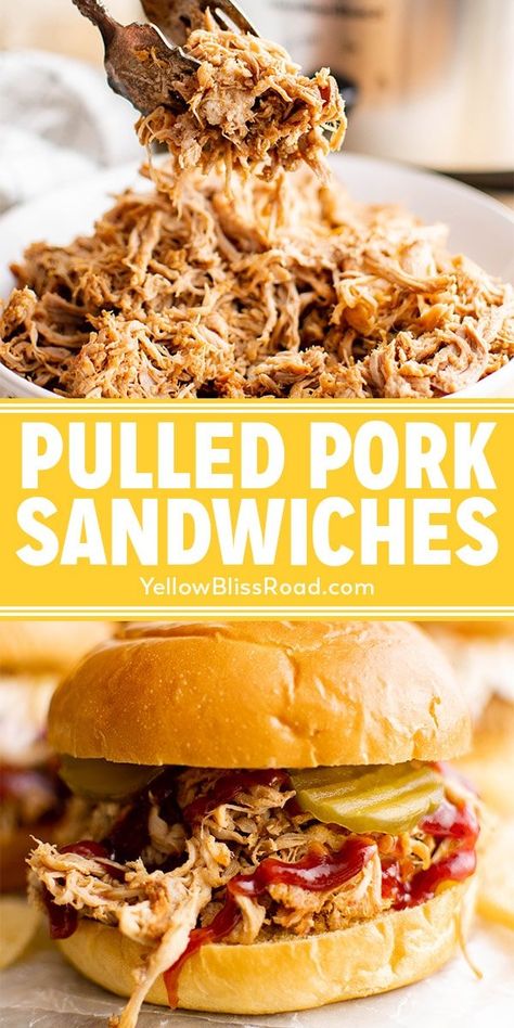 Crockpot Pork Sandwiches, Pulled Pork Sandwiches Recipe, Hot Pork Sandwiches, Pulled Pork Sandwiches With Coleslaw, Shredded Pork Sandwich Recipes, Pulled Pork Sandwich Recipes, Pull Pork Sandwiches, Shredded Bbq Pork, Easy Football Party Food