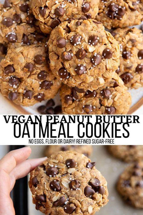 Vegan Oatmeal Peanut Butter Chocolate Chip Cookies made with all wholesome ingredients. These egg-free, dairy-free peanut butter cookies are loaded with oats and chocolate chips for a trifecta of deliciousness. #vegan #cookies #oatmeal Vegan Chocolate Oatmeal Cookies, Gluten Free Vegan Oatmeal Cookies, Healthy Oatmeal Peanut Butter Cookies, Vegan Peanut Butter Oatmeal Cookies, Oatmeal Cookies No Eggs, Oatmeal Peanut Butter Chocolate Chip Cookies, Oatmeal Peanut Butter Chocolate Chip, Chocolate Peanut Butter Oatmeal Cookies, Healthy Oat Cookies